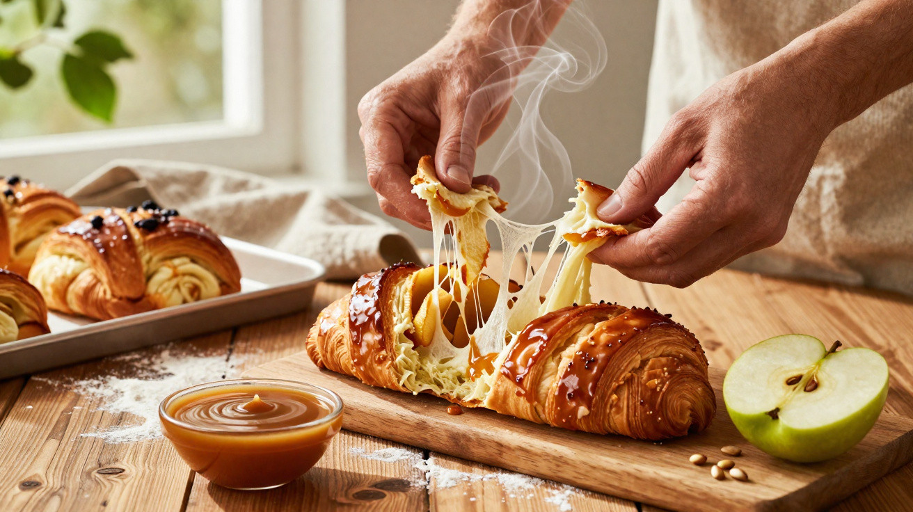 Mãos a partir um croissant recheado com queijo derretido, com caramelos e maçã verde ao lado numa tábua de madeira.