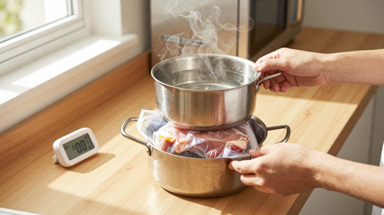 Pessoa a cozinhar a vapor comida embalada em saco plástico dentro de panela metálica na cozinha.