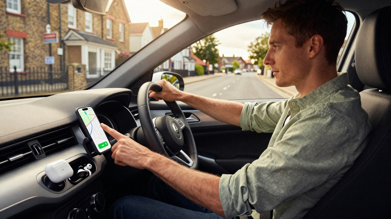 Homem dentro do carro a consultar aplicação de navegação no telemóvel fixado no tablier.