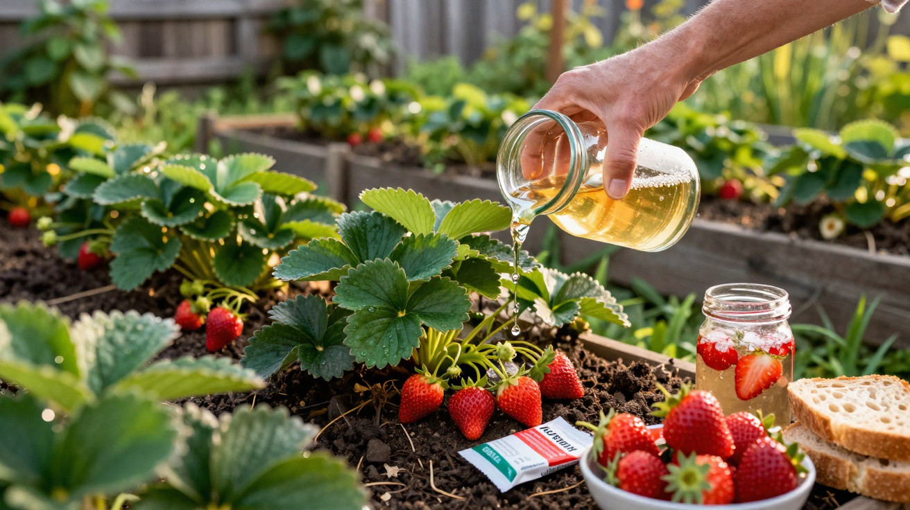 Pessoa a regar plantas de morango num jardim com morangos frescos e pão ao lado.