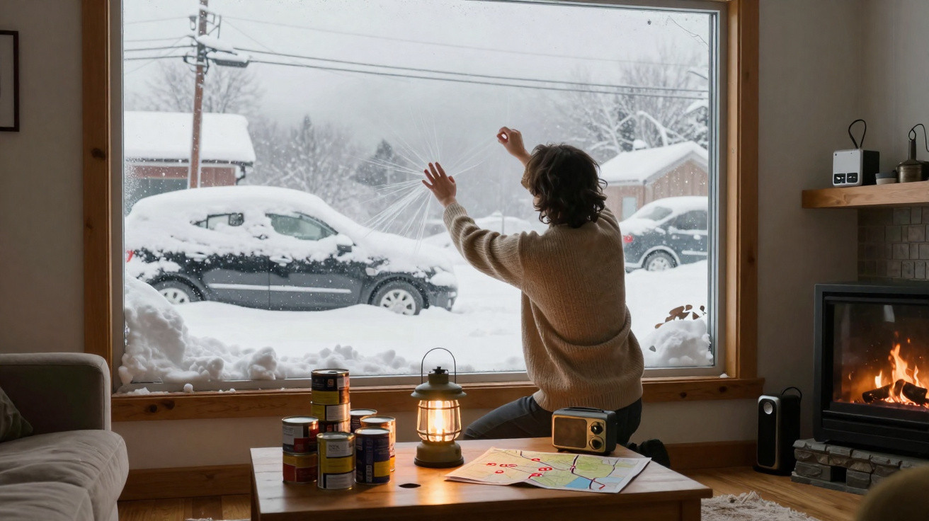 Pessoa a desenhar corações em janela com neve lá fora junto a lareira acesa e mesa com latas e rádio antigo.