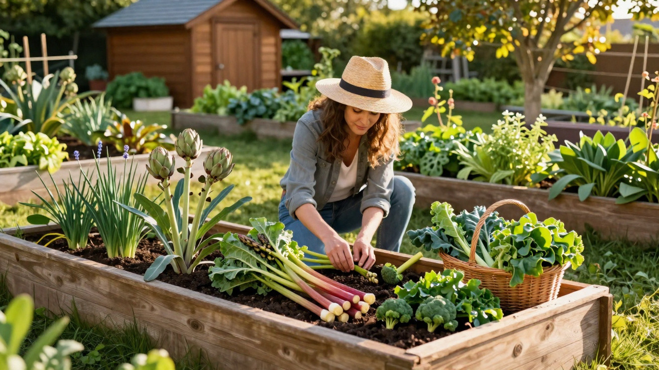 Mulher a cuidar de plantas e legumes numa horta elevada ao ar livre num dia ensolarado.