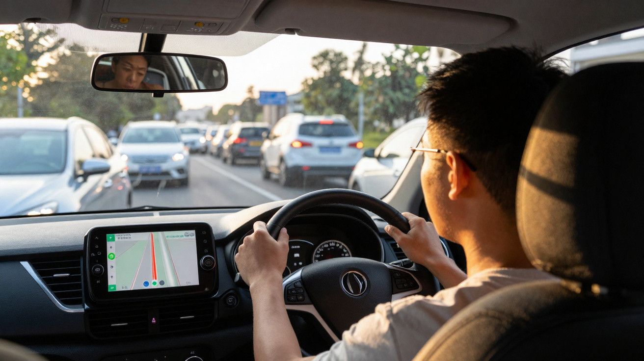 Homem a conduzir carro em trânsito, com GPS visível no painel e vista da estrada à frente.
