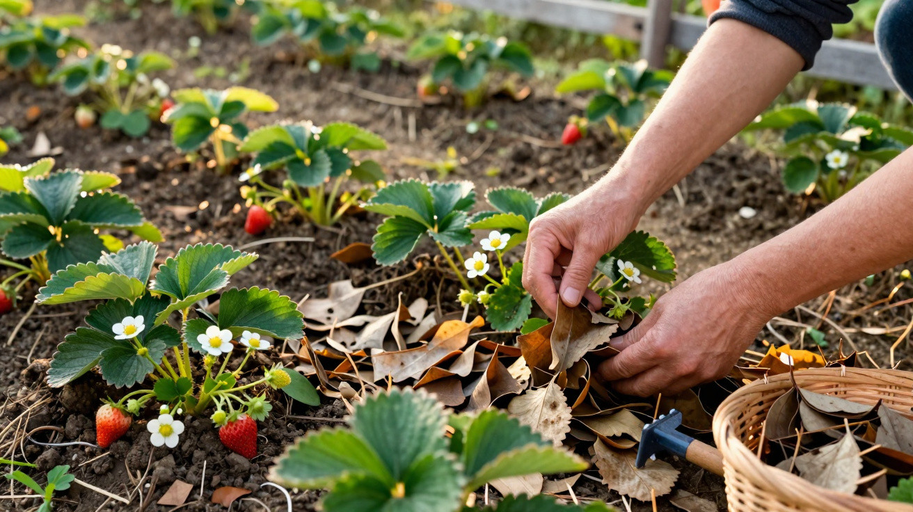 Mãos a limpar folhas secas em plantações de morangos com morangos maduros e flores brancas no solo.