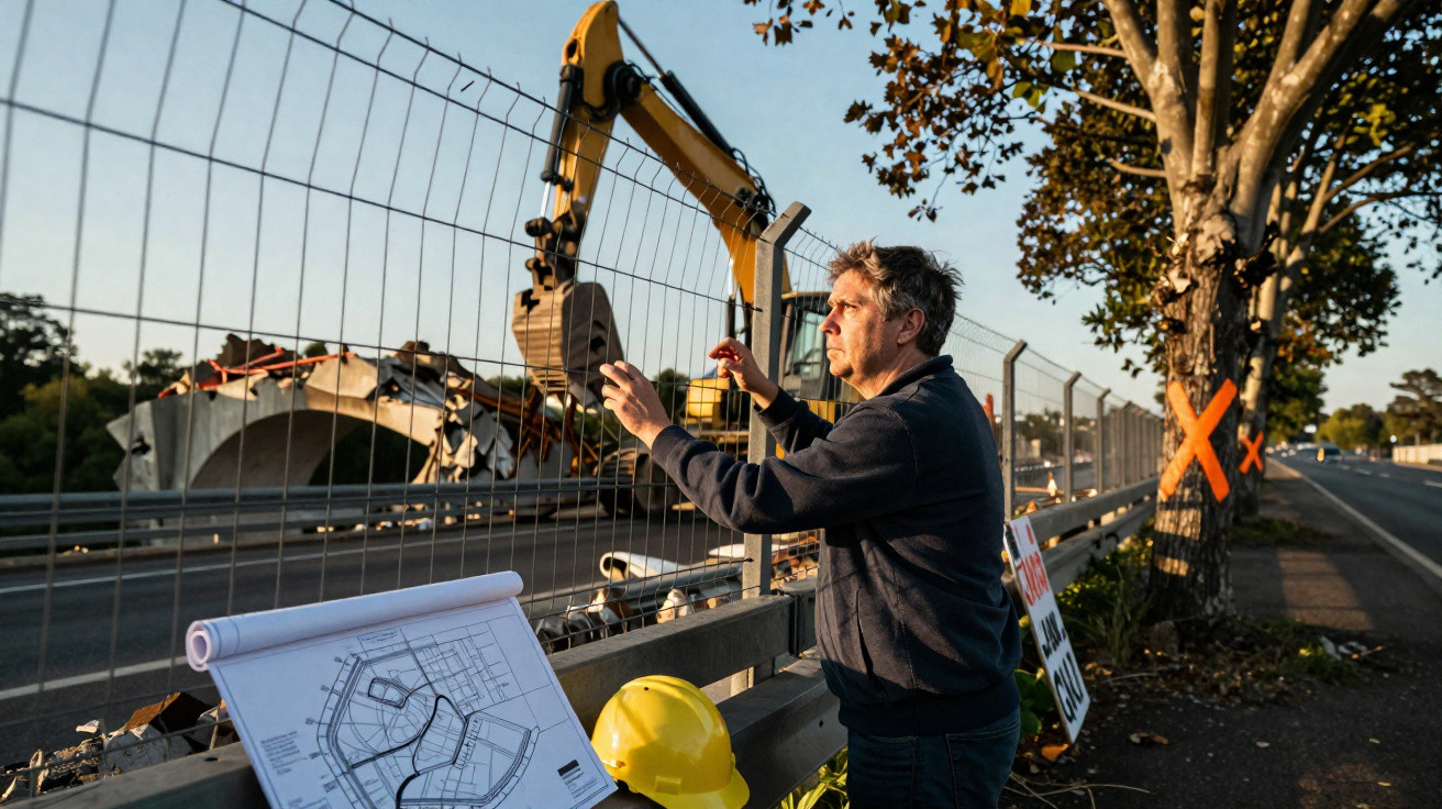 Homem a observar obras numa estrada, perto de um capacete amarelo e plantas com um plano urbanístico.