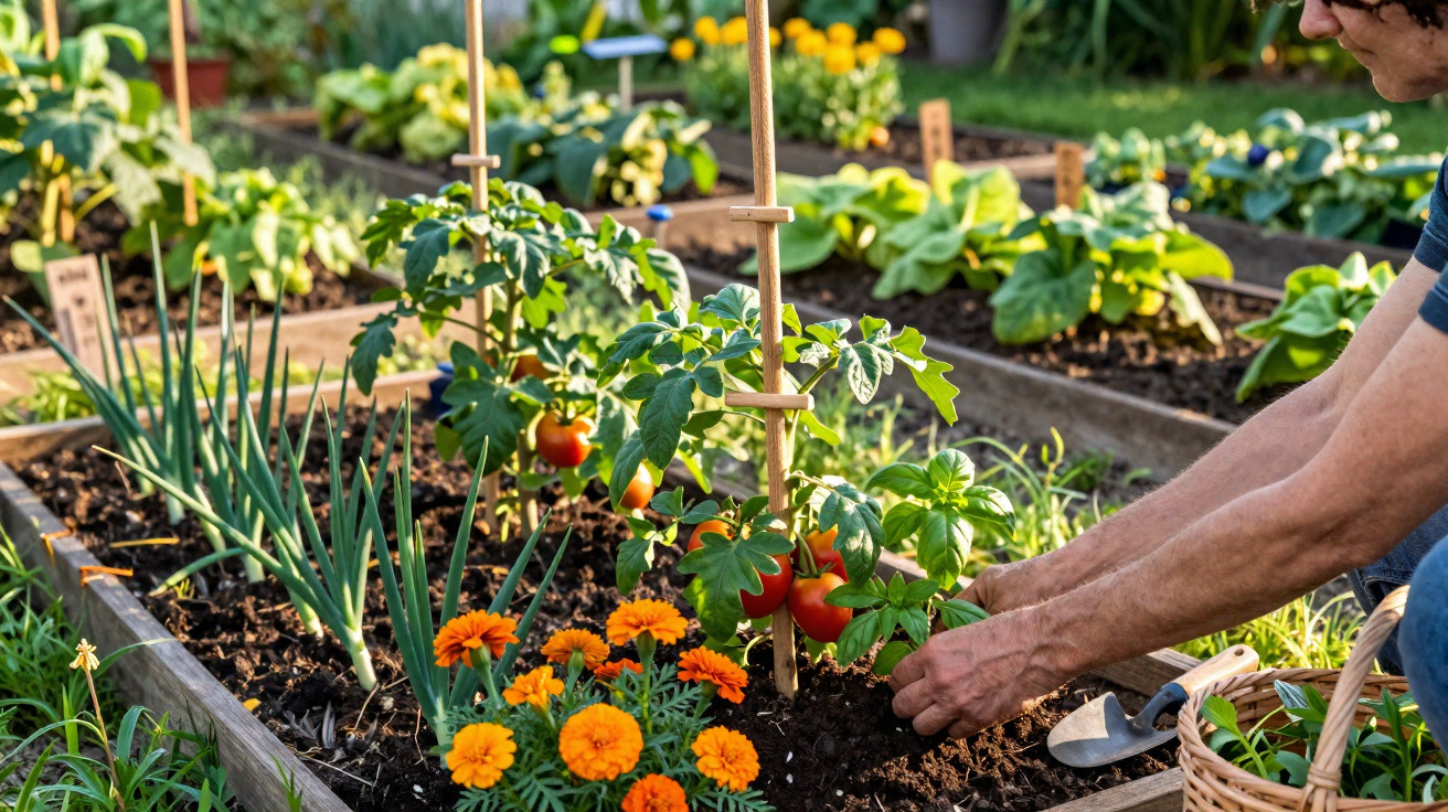 Pessoa a cuidar de tomateiras e flores num jardim hortícola com vegetais e plantas variadas.