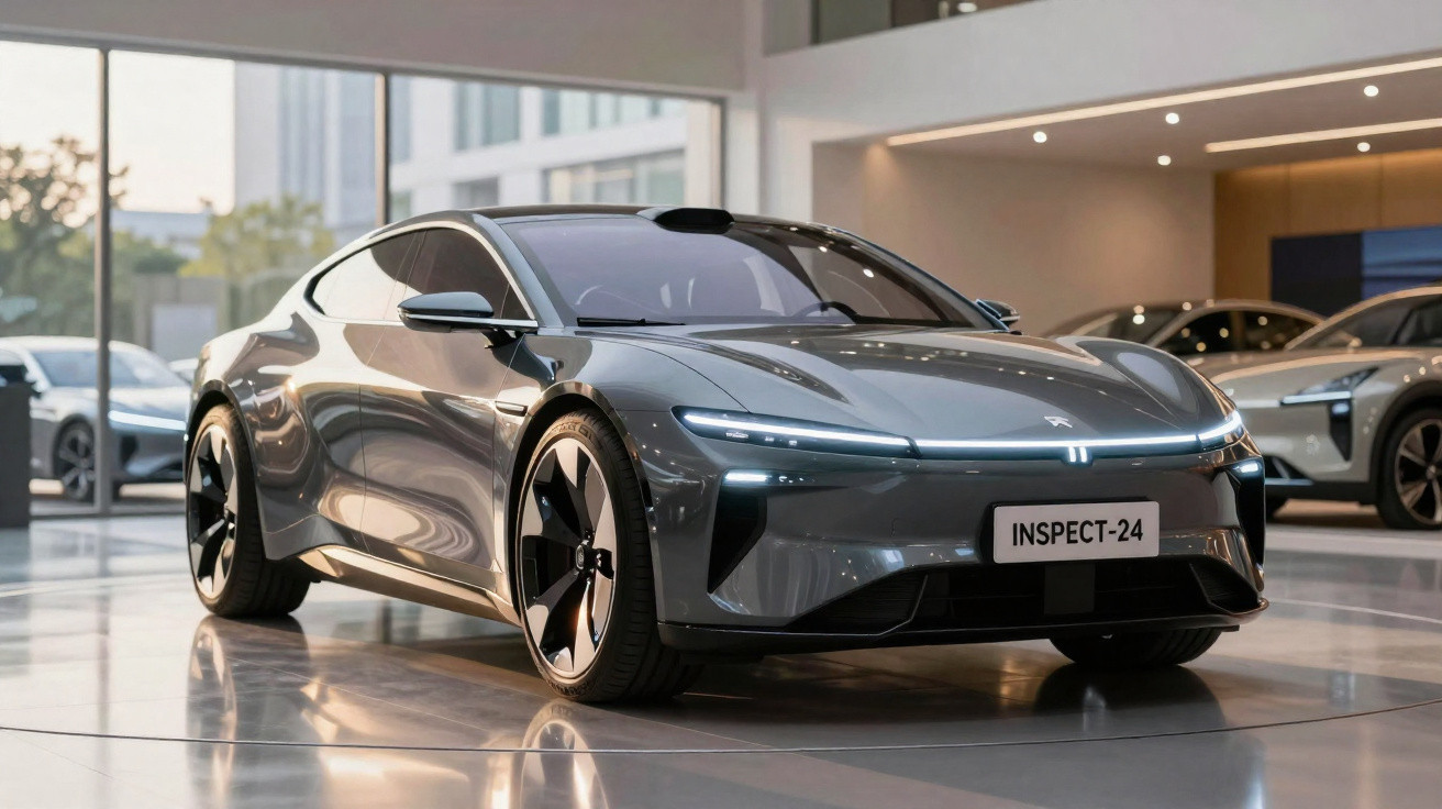 Carro elétrico desportivo cinzento estacionado em showroom moderno com grandes janelas e outro veículo ao fundo.