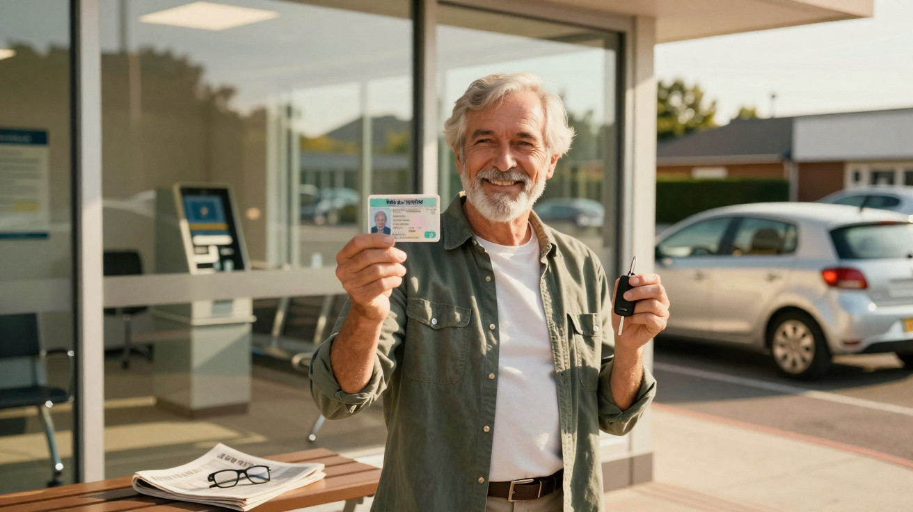 Homem idoso sorridente mostra carta de condução e chave de carro em estacionamento exterior.