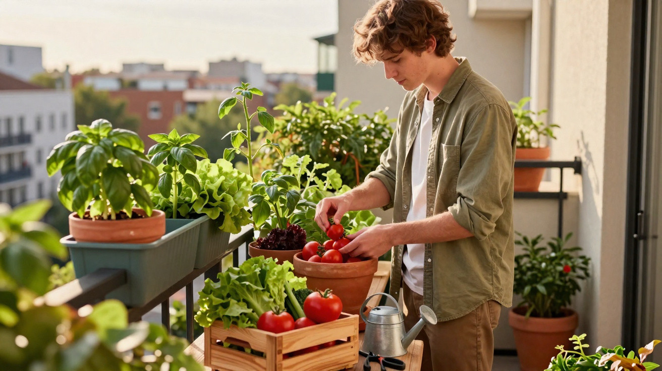 Jovem a colher tomates numa varanda com várias plantas e hortícolas em vasos e caixas de madeira.