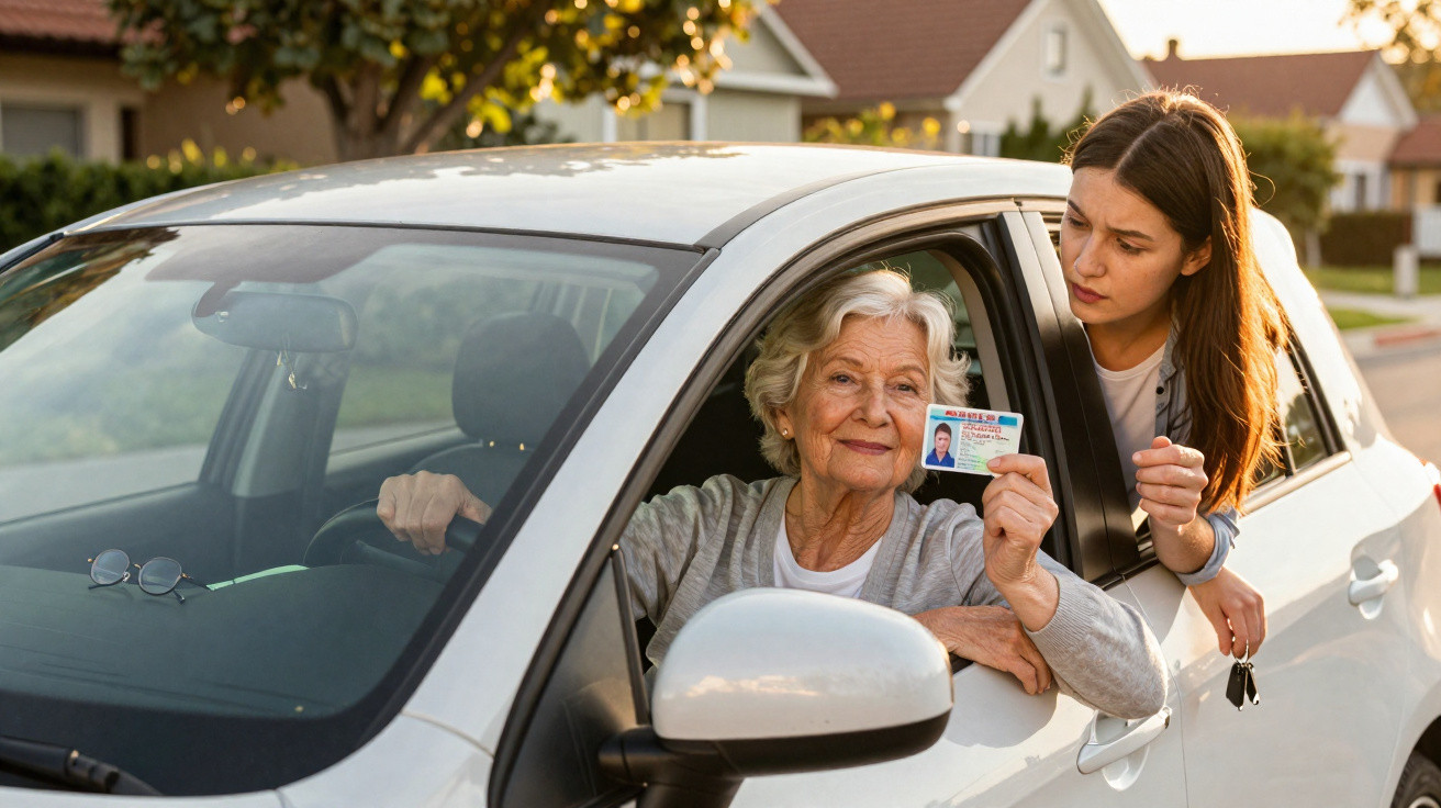 Mulher idosa no carro mostra carta de condução, jovem observa com chave na mão numa rua residencial.
