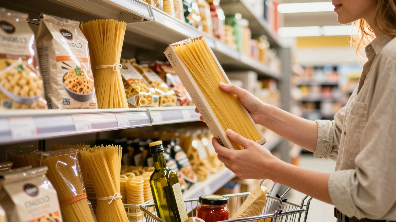 Pessoa a segurar embalagem de massa spaghetti num supermercado, com carrinho e produtos variados à vista.