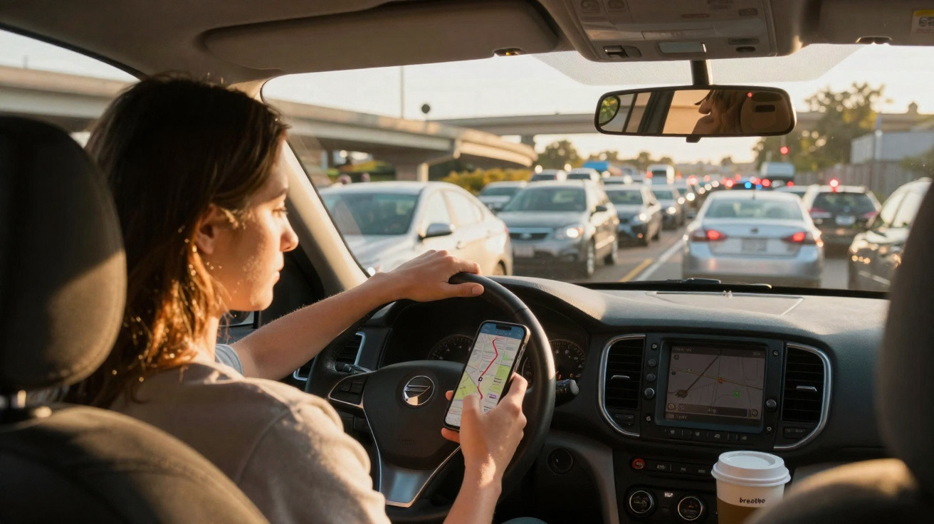 Mulher ao volante consulte mapa no telemóvel enquanto está parada no trânsito num carro em hora de ponta.