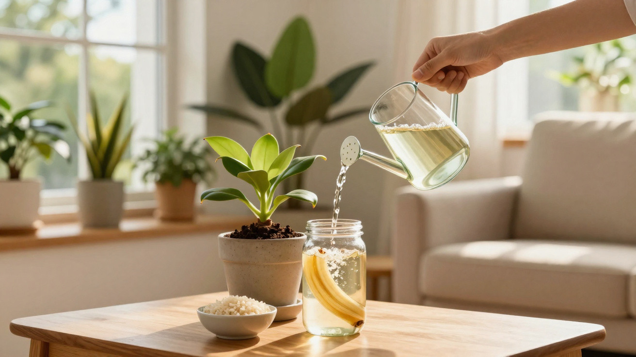 Pessoa a verter água de regador de vidro num jarro com fatias de banana numa sala iluminada e com plantas.