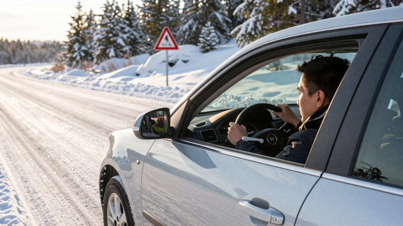 Homem a conduzir carro prateado numa estrada coberta de neve com árvores e sinal de cuidado à frente.
