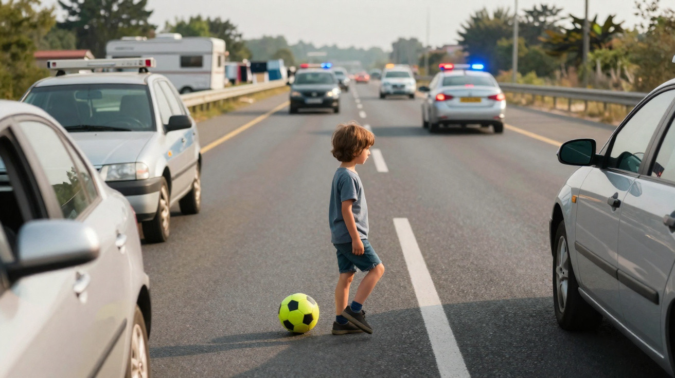 Criança parada no meio da estrada com bola amarela enquanto carros e polícia se aproximam com luzes ligadas.