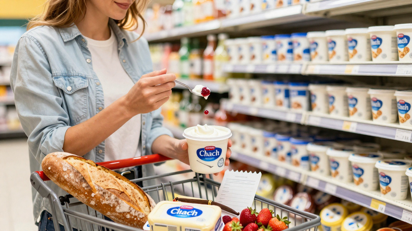 Mulher a provar iogurte com colher num supermercado, carrinho com pão, morangos e mais iogurte.