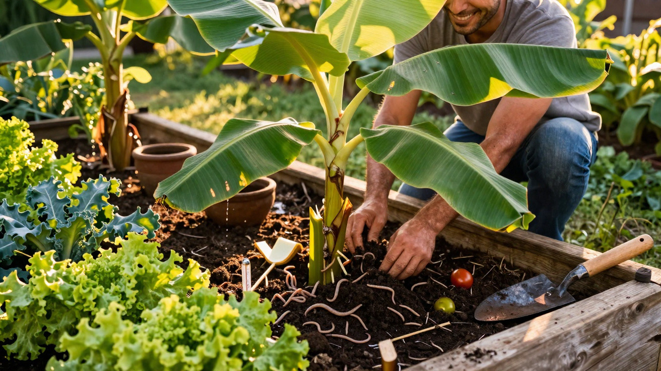 Homem a cuidar de plantas em horta com terra, minhocas, alfaces e uma bananeira.