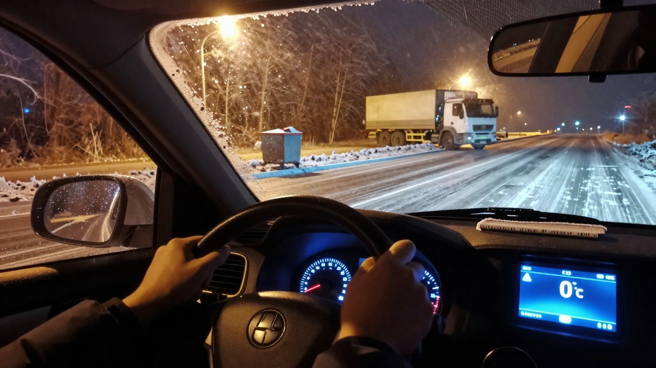 Interior de carro com mãos no volante a conduzir numa estrada com neve e camião à frente durante a noite com 0ºC no painel.