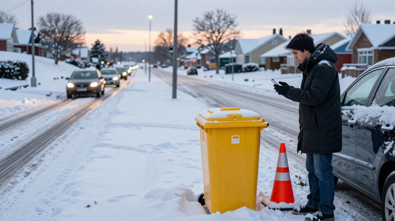 Jovem de casaco negro usa telemóvel junto a um contentor amarelo e cone laranja numa rua com neve ao entardecer.