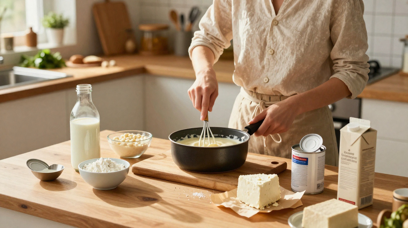 Pessoa a mexer creme numa panela na cozinha com ingredientes lácteos numa mesa de madeira.