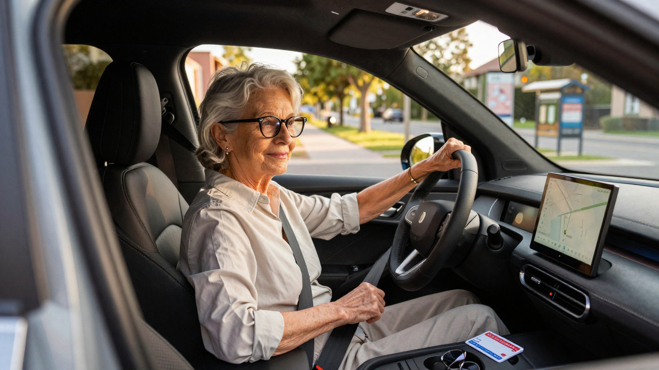 Mulher idosa sorridente a conduzir um carro moderno com sistema de navegação visível no ecrã.