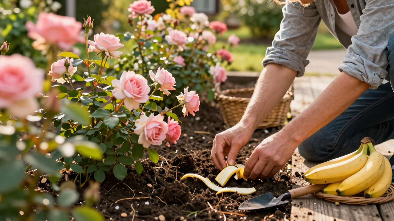Pessoa a utilizar casca de banana como fertilizante junto a roseiras com flores cor-de-rosa, em jardim.