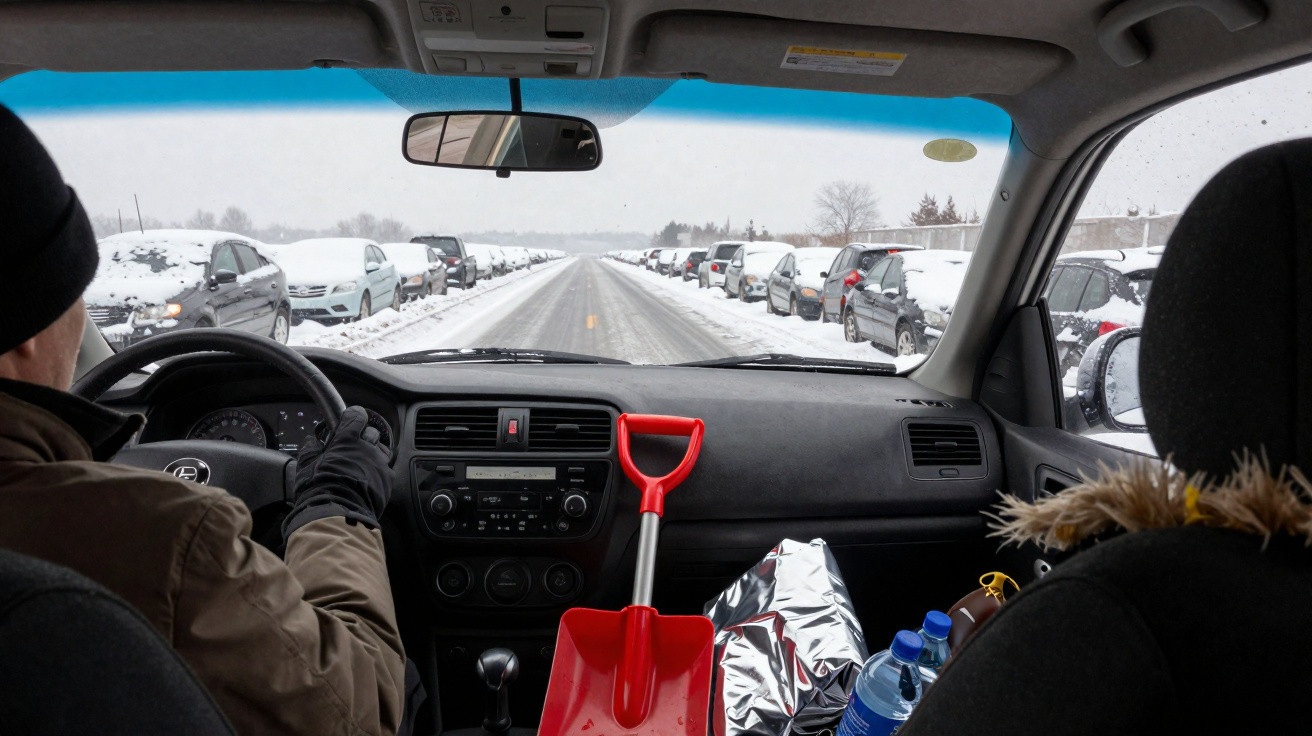 Interior de carro com homem a conduzir, neve na estrada e veículos estacionados cobertos de neve nas laterais.