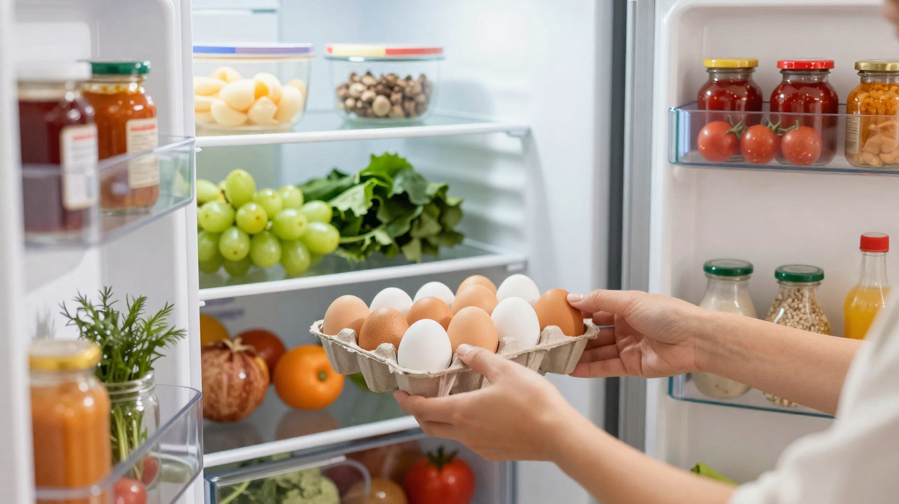 Mãos a colocar caixa com ovos brancos e castanhos dentro de frigorífico abastecido com fruta e legumes.
