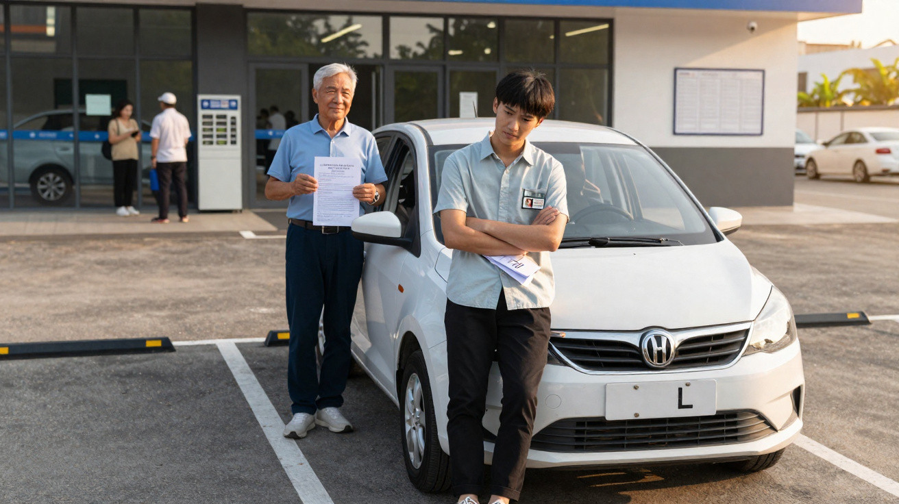 Homem idoso e jovem estão junto a um carro branco estacionado num parque de estacionamento exterior.