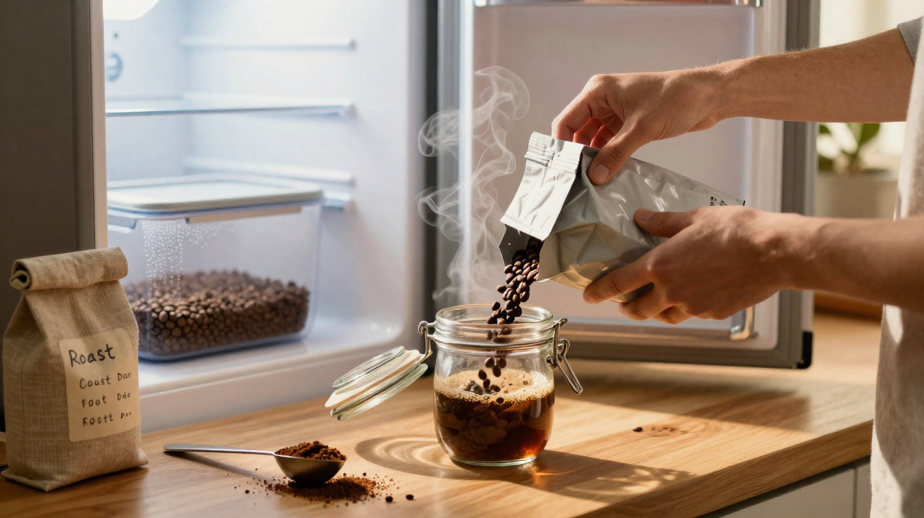 Pessoa a verter grãos de café numa jarra aberta sobre balcão de cozinha junto a frigorífico aberto.