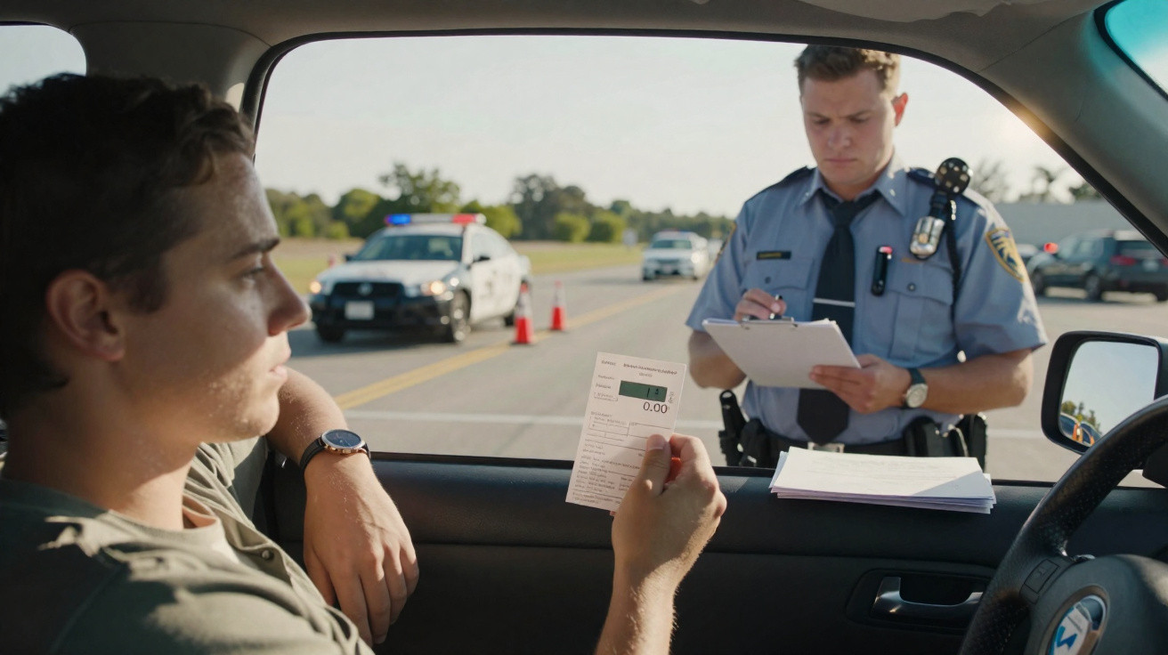 Condutor mostra um documento a polícia durante uma paragem rodoviária numa estrada.