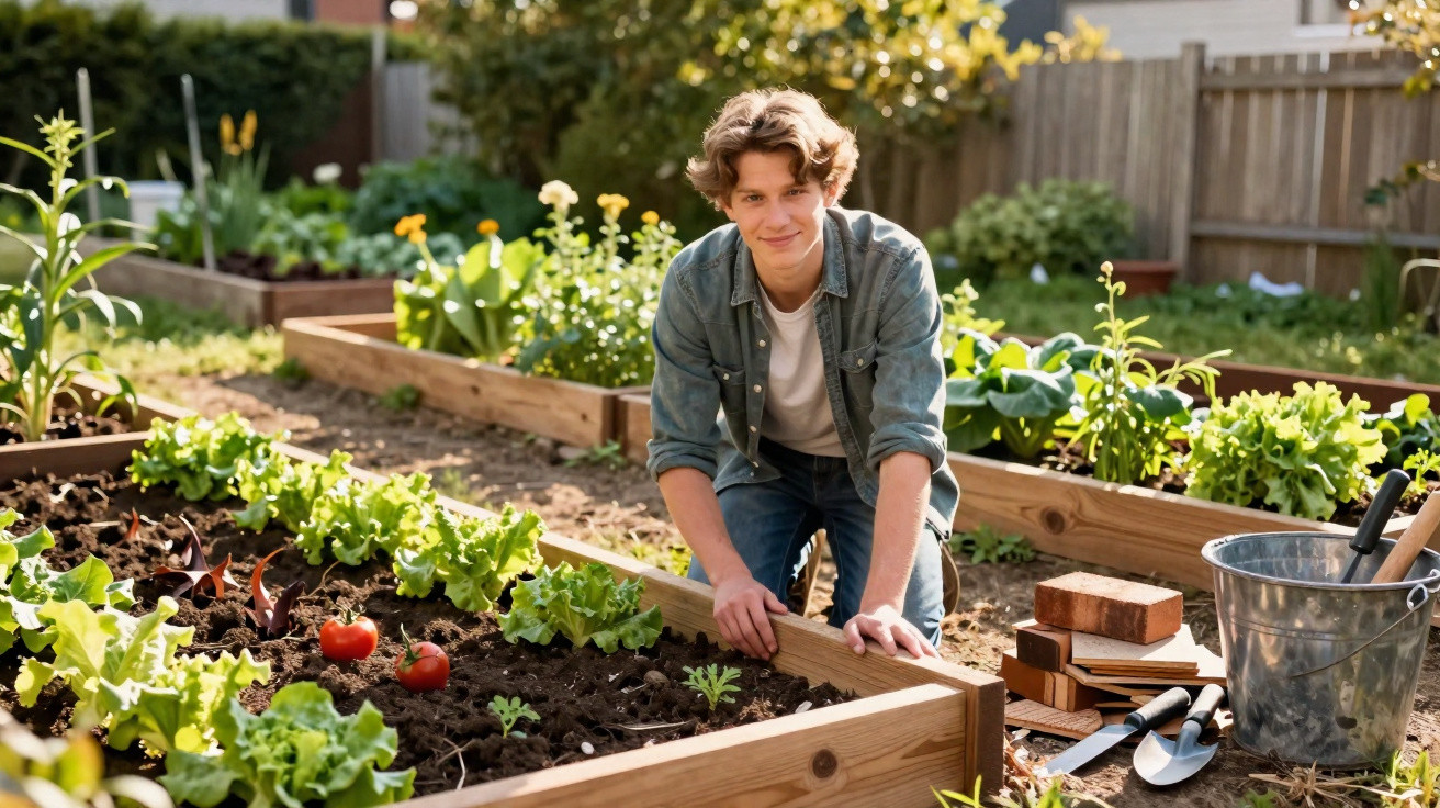 Rapaz sorridente a cuidar de plantas em canteiros elevados num jardim ensolarado.