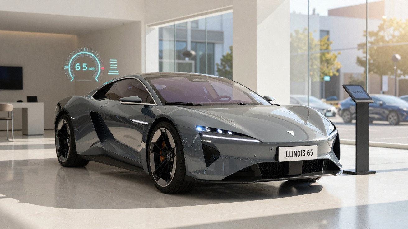 Carro desportivo cinzento num showroom moderno com painel digital a mostrar 65 mph.