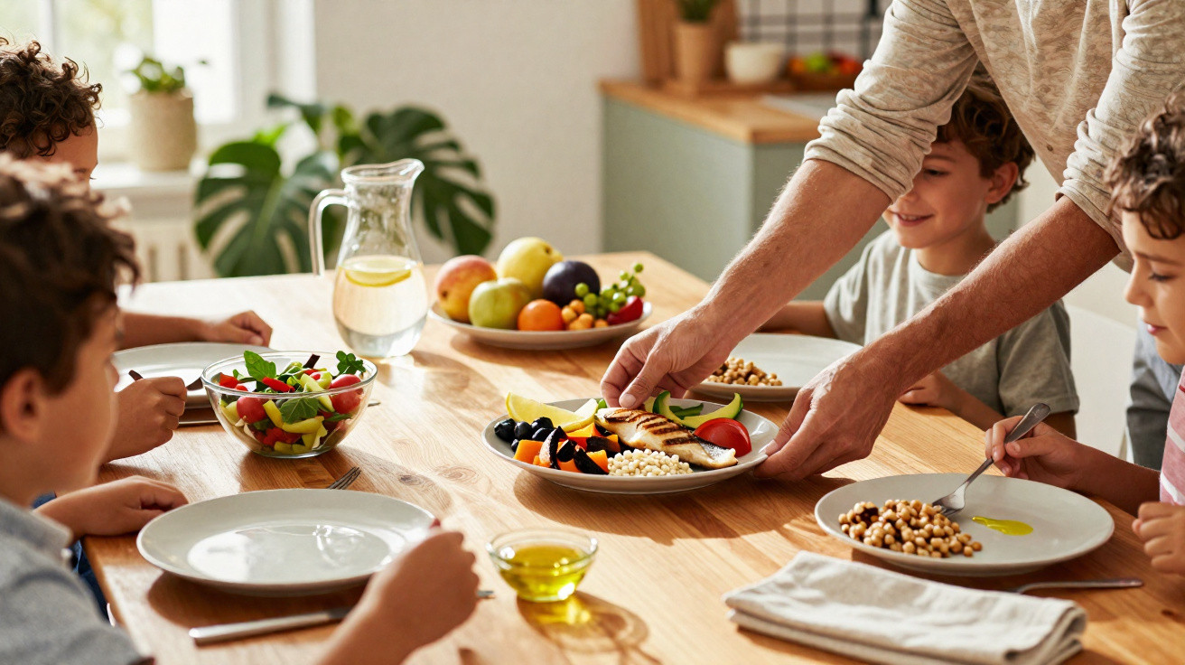 Crianças sentadas à mesa com pratos e uma pessoa a servir comida saudável num ambiente luminoso e acolhedor.