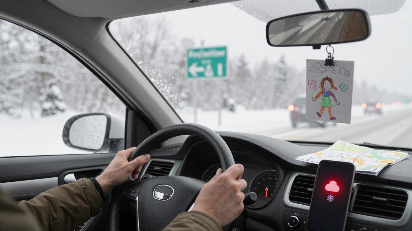 Interior de carro conduzido na neve, com mapa no painel e desenho infantil pendurado no espelho retrovisor.