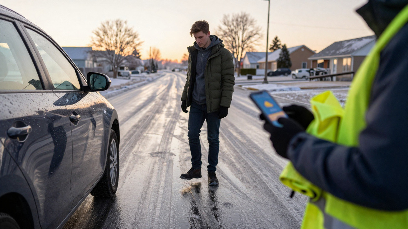 Jovem parado numa estrada gelada próximo de carro, enquanto outra pessoa verifica telemóvel com colete refletor.