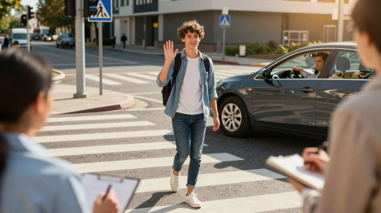 Jovem a atravessar passadeira cumprimentando duas pessoas com pranchetas, carro parado ao fundo.
