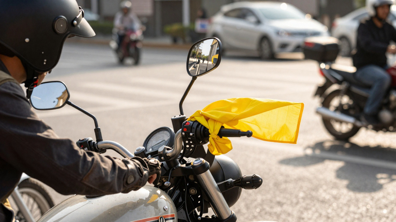 Motociclista com capacete e luvas conduz mota com lenço amarelo no guiador numa rua movimentada.