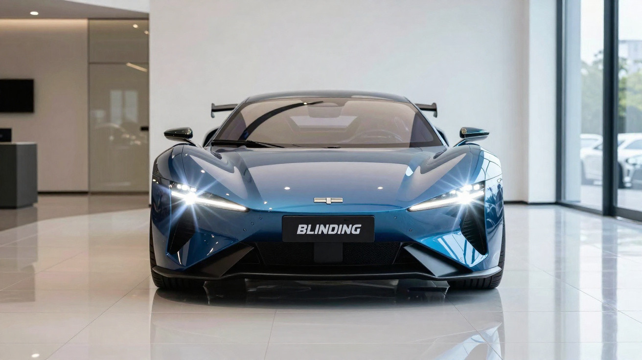 Carro desportivo azul metálico com faróis acesos, visto de frente, num showroom moderno e luminoso.