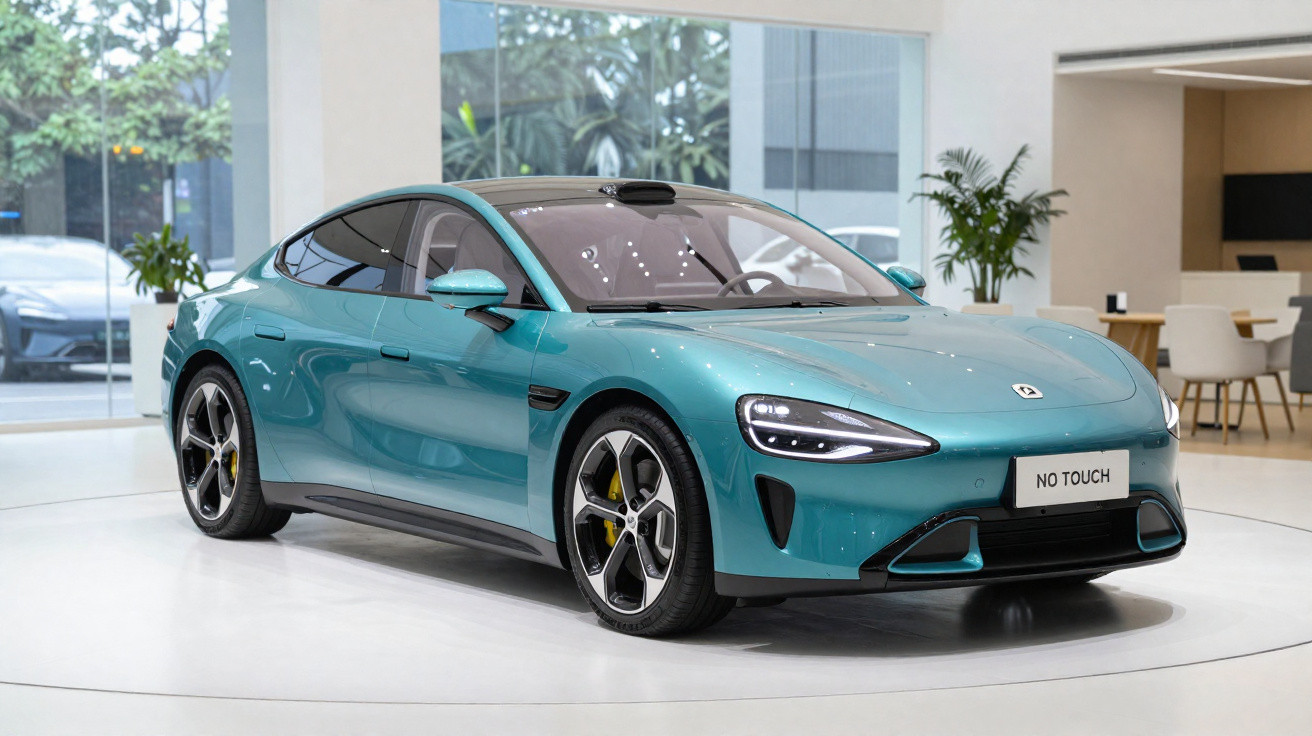 Carro eléctrico desportivo azul metálico exposto em ambiente interior moderno e luminoso.