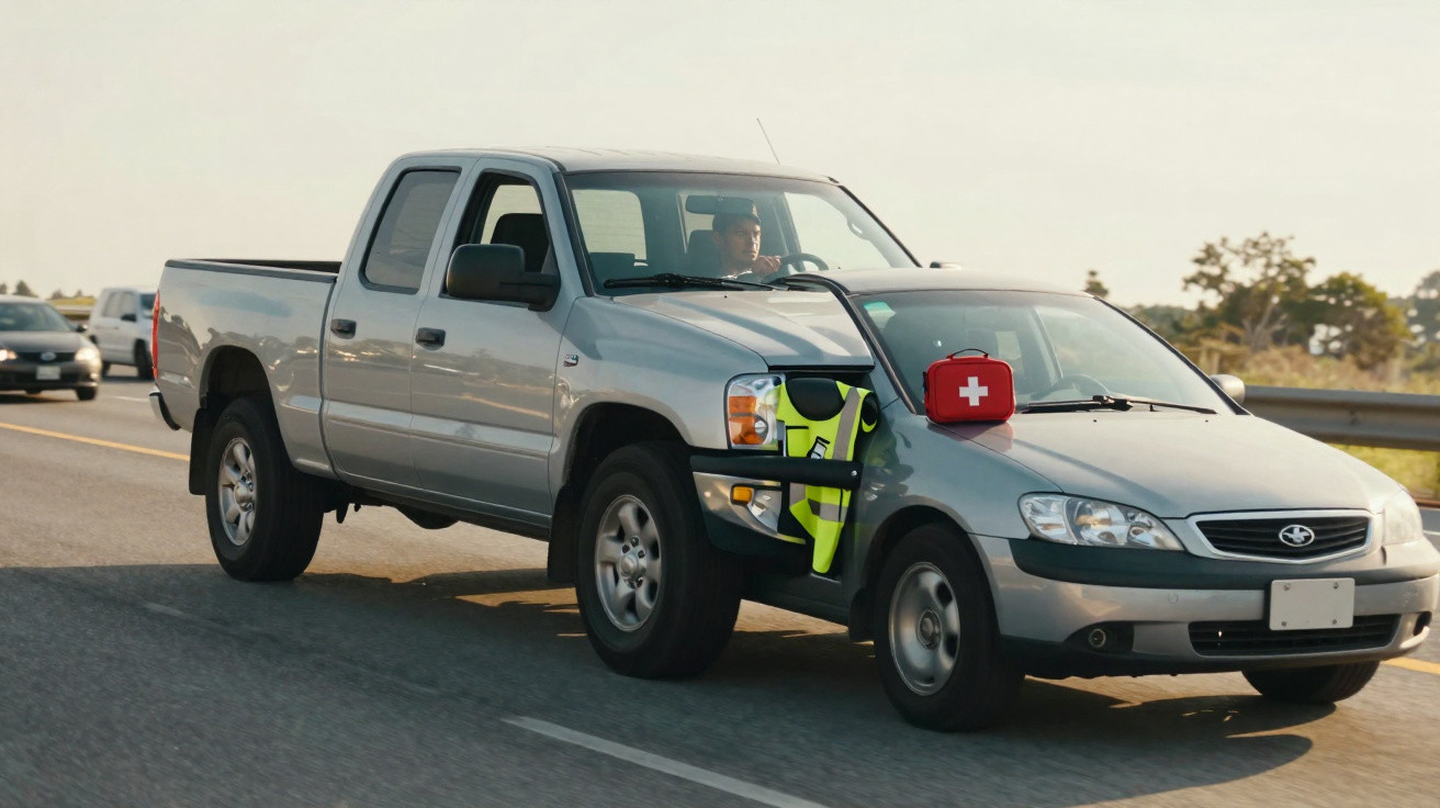 Colisão frontal entre uma carrinha pick-up cinzenta e um carro cinzento com colete amarelo e estojo de primeiros socorros.