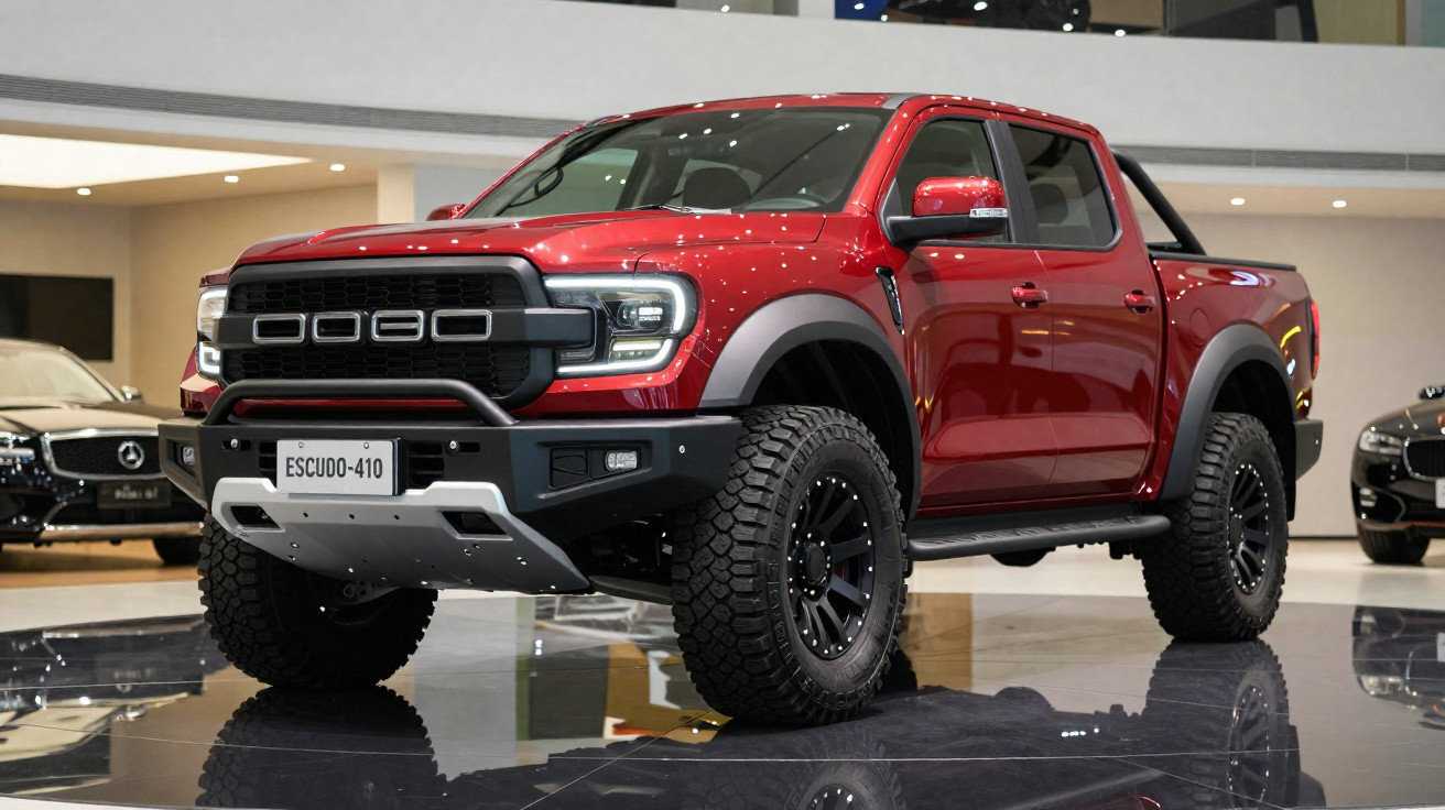 Pick-up vermelha robusta com pneus todo-o-terreno exposta em sala de exposição automóvel moderna.