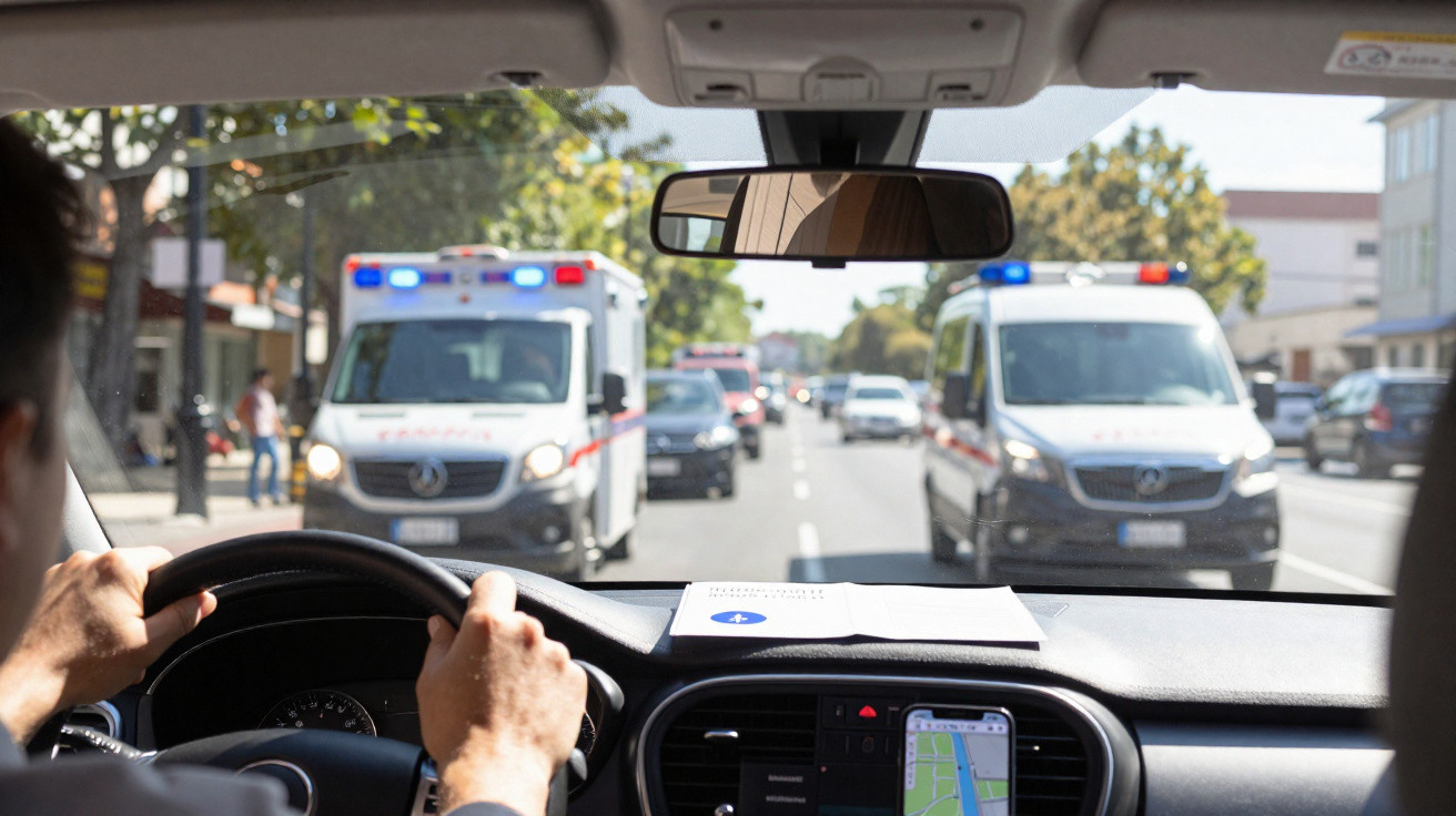 Vista interior de um carro a conduzir, com duas ambulâncias a passar em sentido contrário numa rua movimentada.