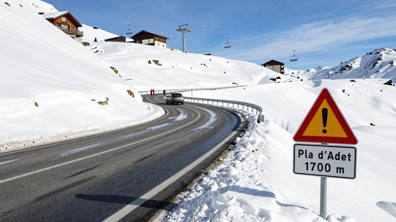 Estrada sinuosa na montanha com neve, placas de aviso e casas ao fundo sob céu azul claro.