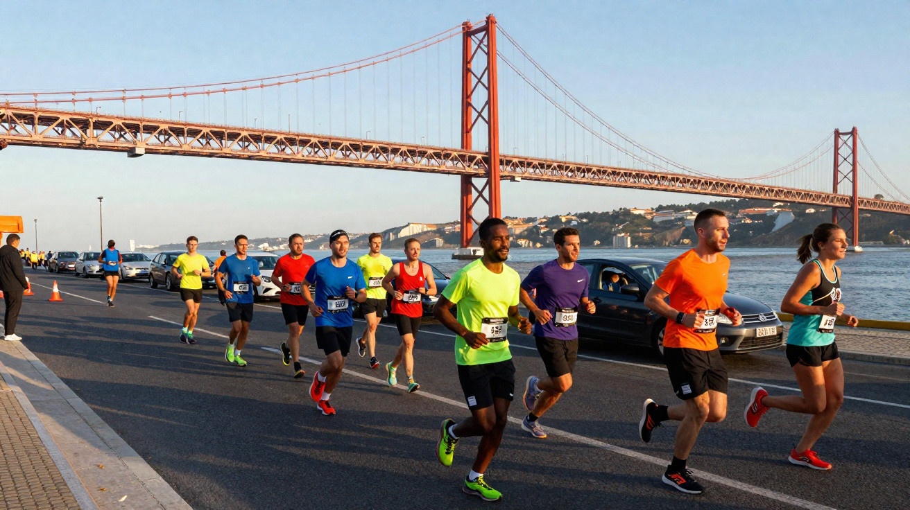 Grupo de corredores a participar numa corrida junto ao rio com a ponte 25 de Abril ao fundo em Lisboa.