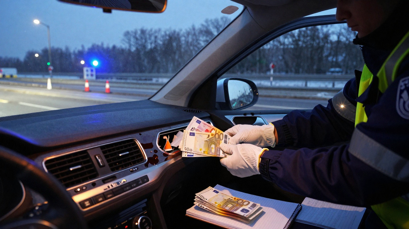 Polícia de trânsito inspeciona dinheiro em euros dentro de carro durante operação à noite.