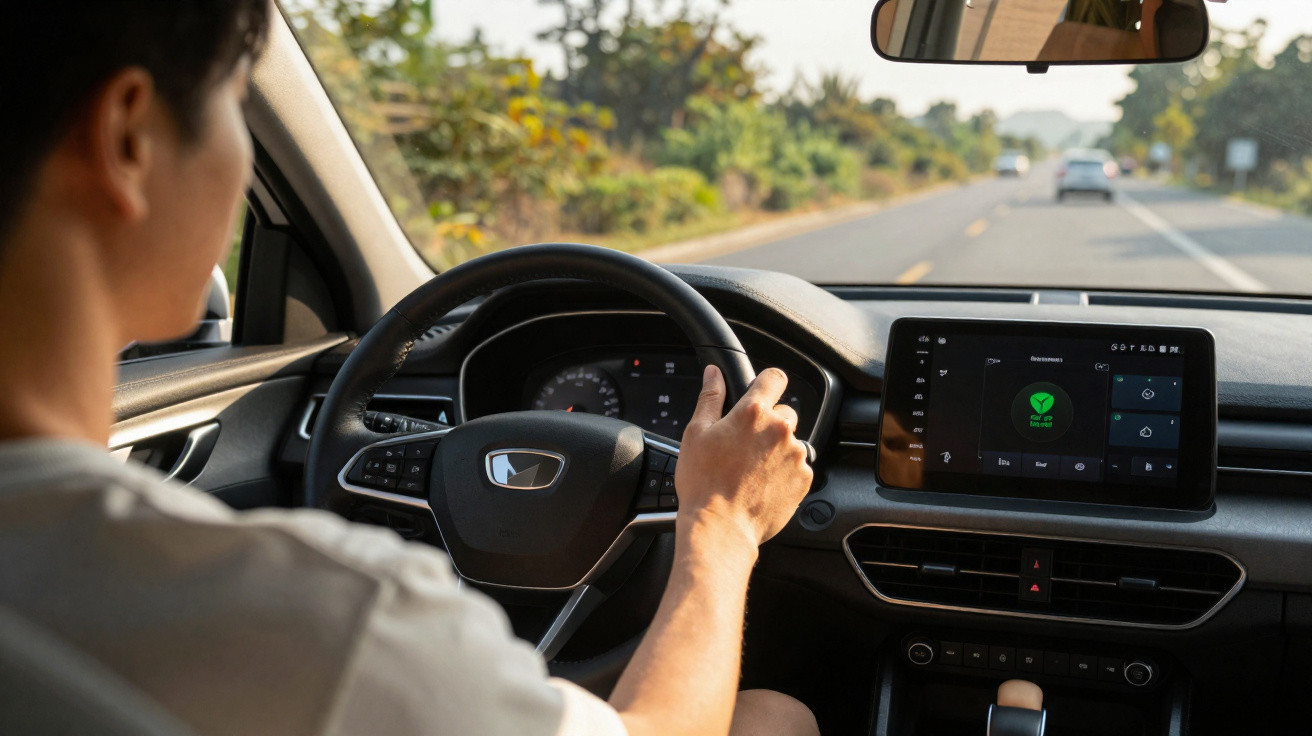 Pessoa a conduzir um carro com painel digital e ecrã central com aplicação ambiental ligado.