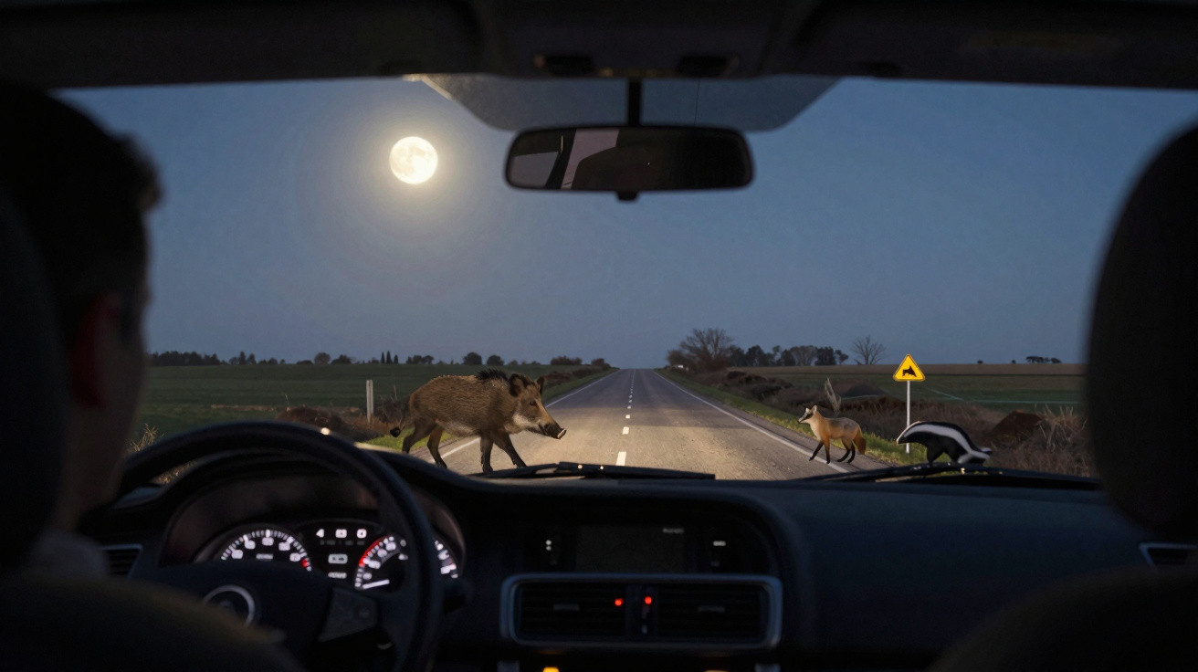 Interior de carro à noite com motorista, javali e outros animais a atravessar estrada sob a luz da lua cheia.