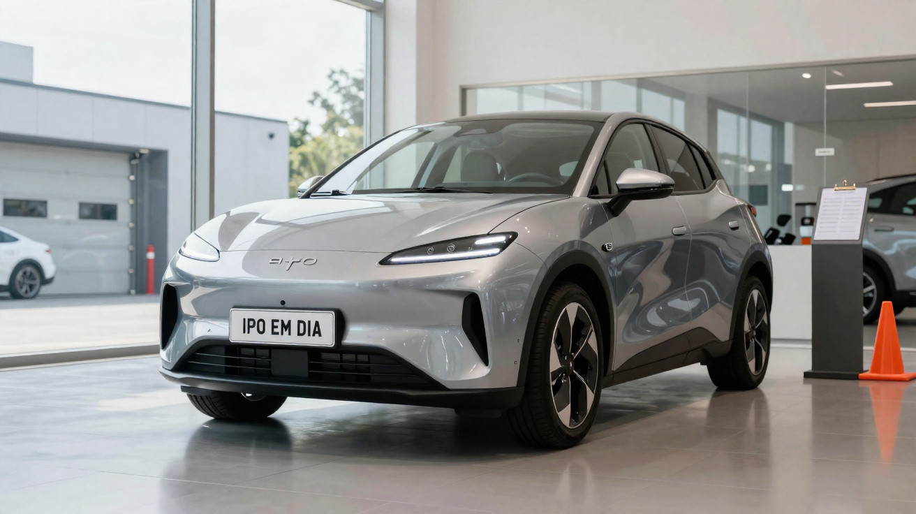 Carro elétrico cinza estacionado em showroom moderno com placa "IPO EM DIA".