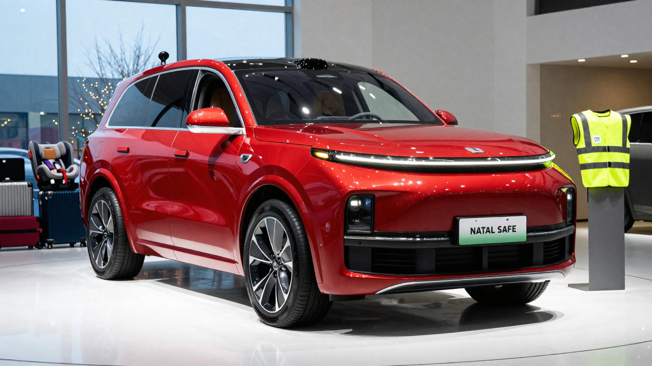 Carro SUV elétrico vermelho com design moderno exposto em salão de automóveis com colete refletor ao lado.